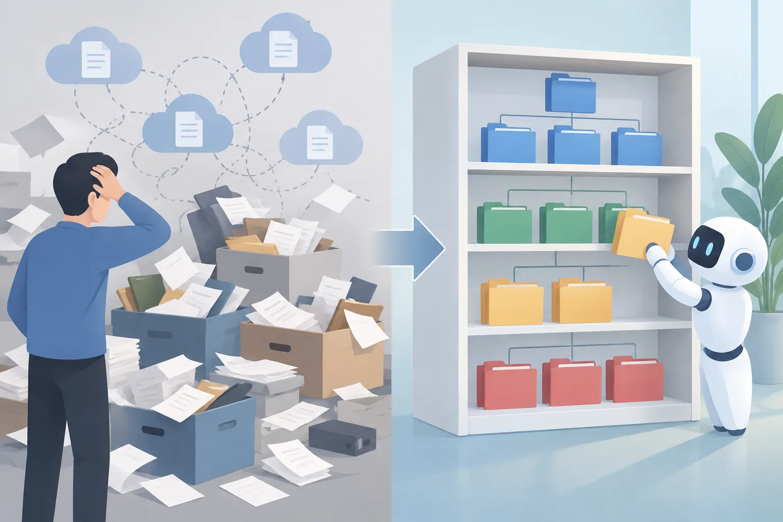 Scattered files across several boxes on the left and one tidy, hierarchical folder cabinet on the right