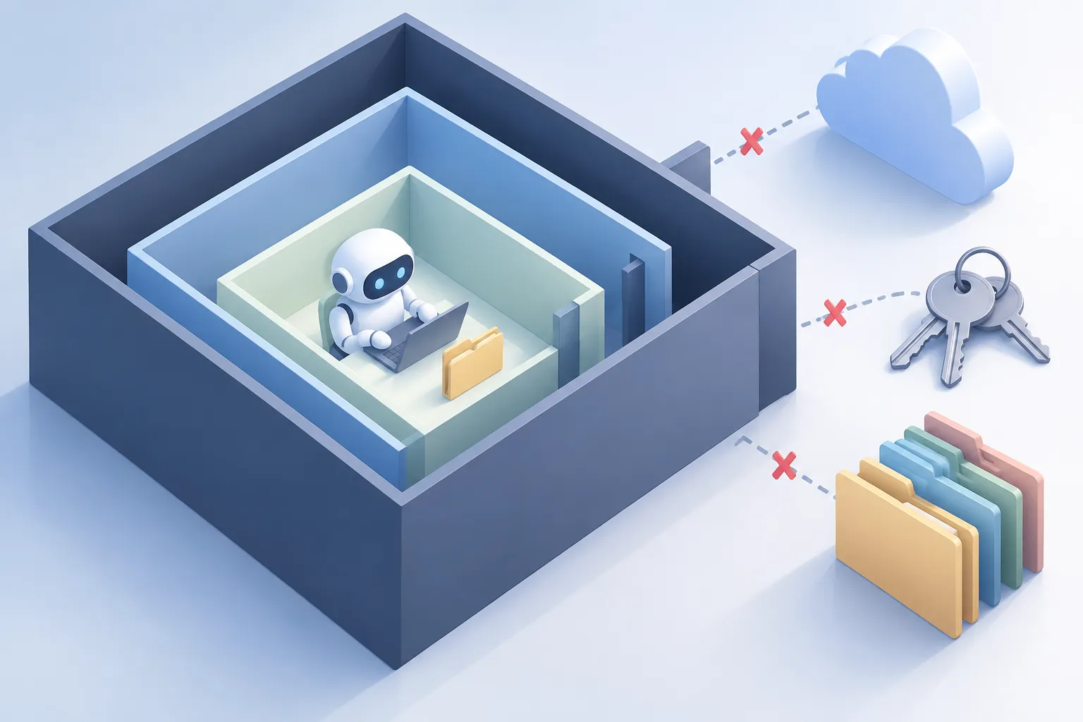 Isometric container with nested walls, a small robot working on one project folder while keys and a cloud stay out of reach