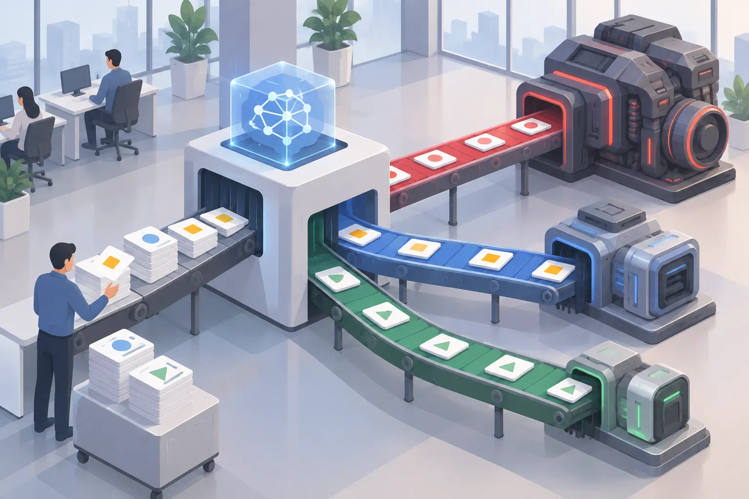 Task requests flowing through a central sorting hub to large, medium and small AI models along separate paths