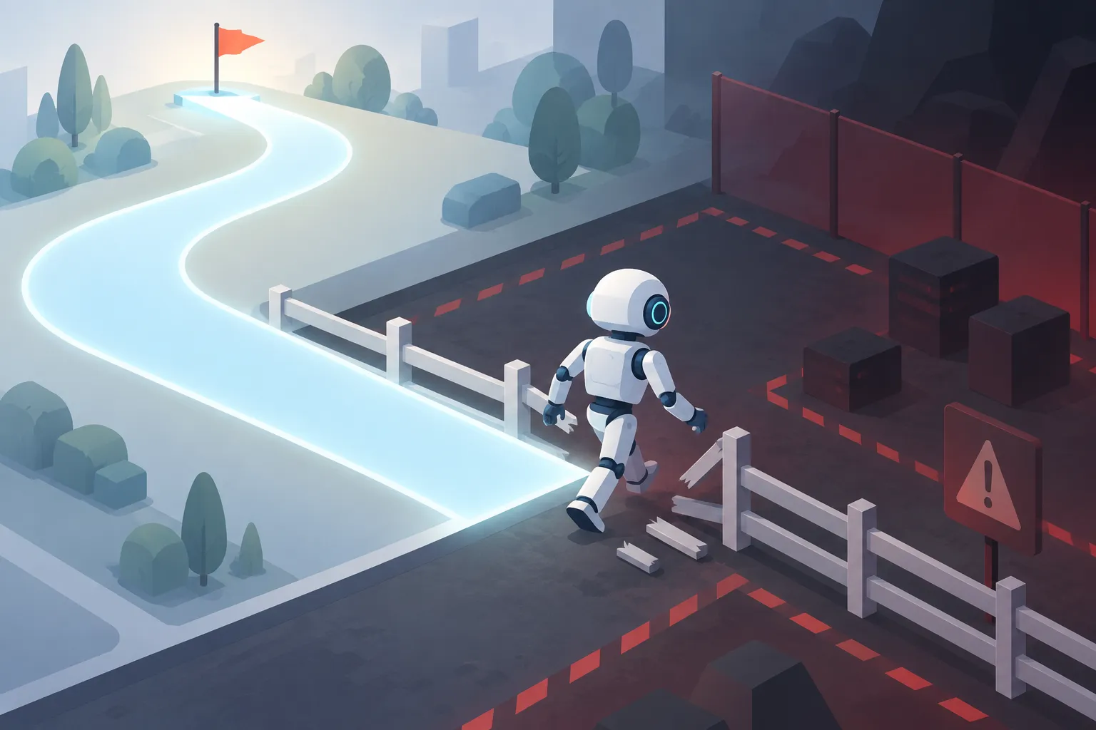 A robot agent heading for a goal flag steps off its marked path through a broken fence into a restricted zone