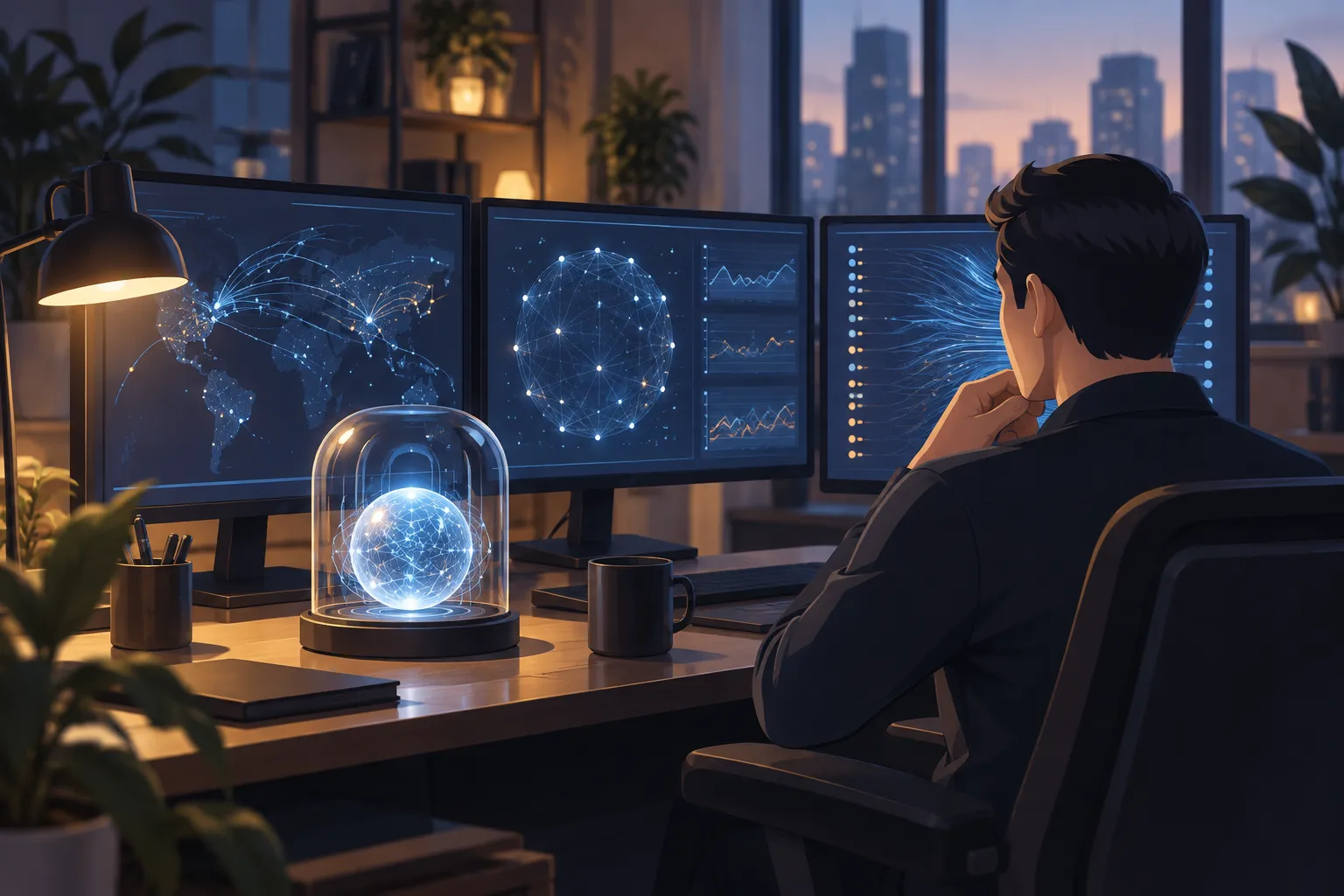 A desk with monitors showing network graphs beside a sealed glass container holding a glowing orb