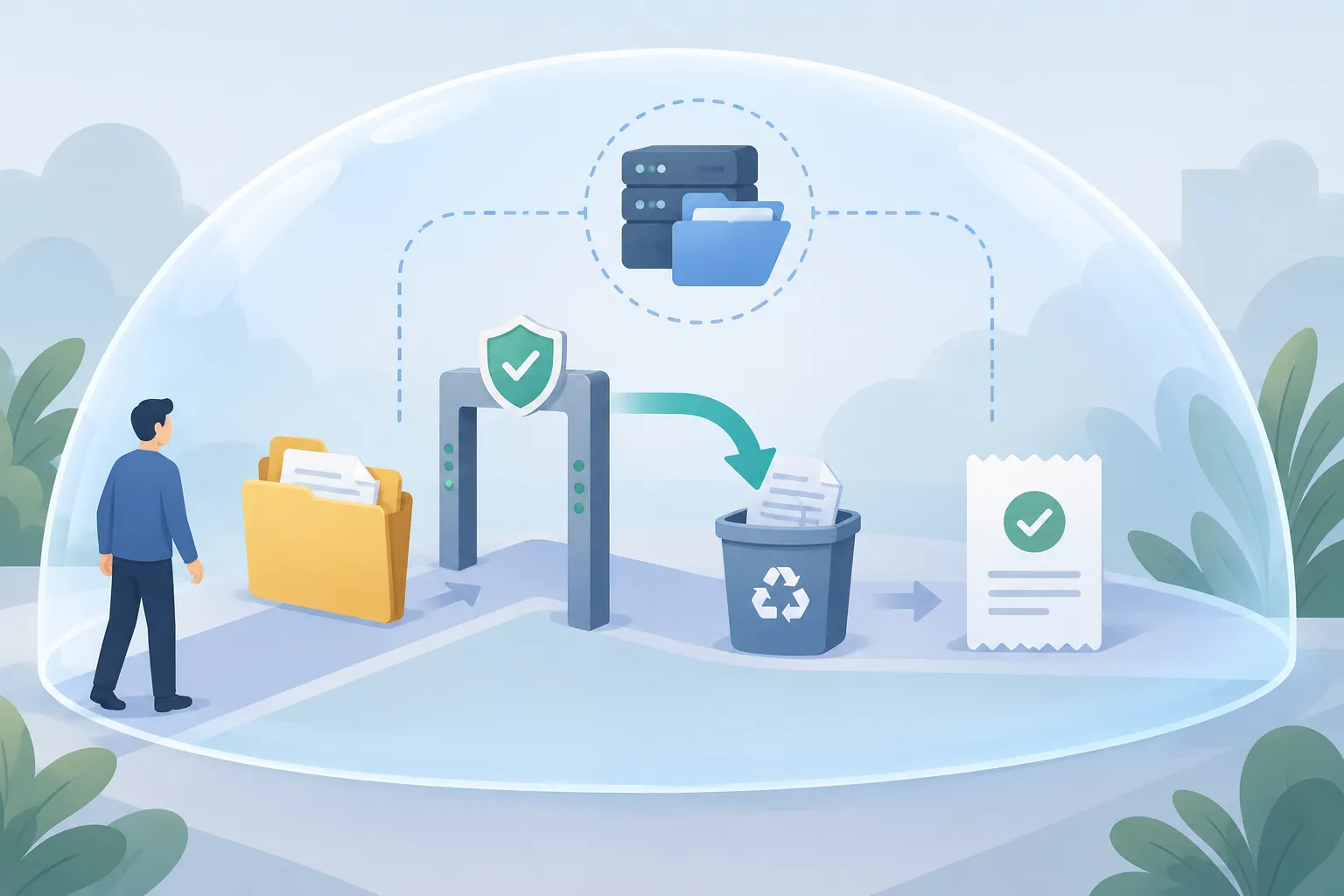 Diagram of a file deletion with a gate before it, a detour to a recycling bin, a receipt after, and a backup wrap