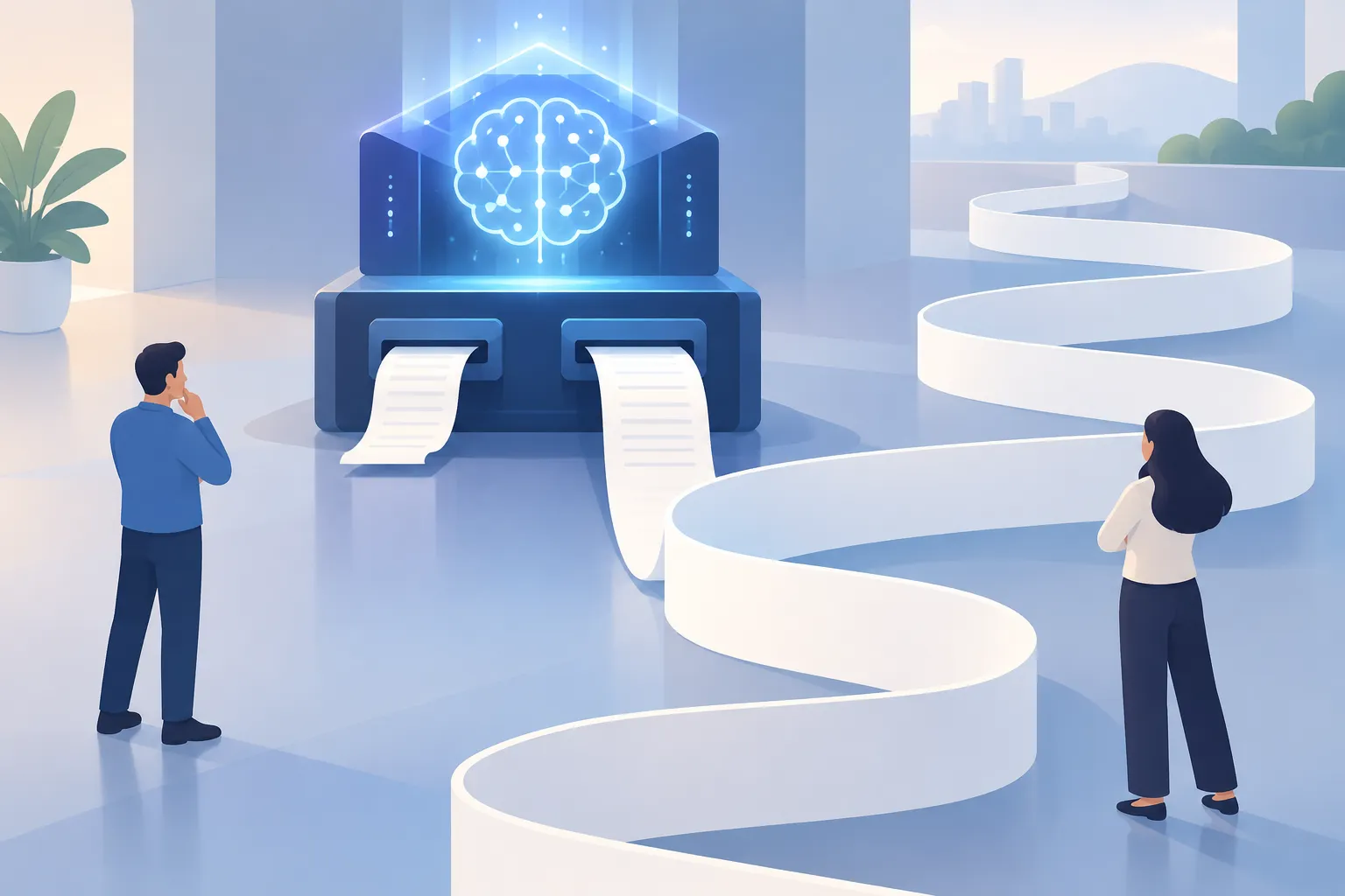 A stylized AI core producing one short paper strip and one extremely long strip side by side