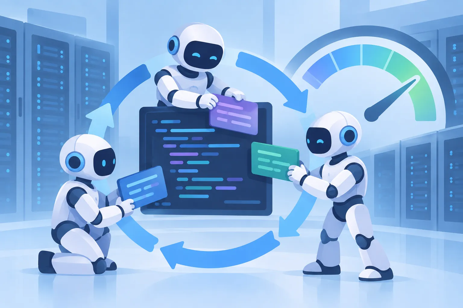 Stylized robots refining code blocks in a loop beside a rising speed gauge and server racks