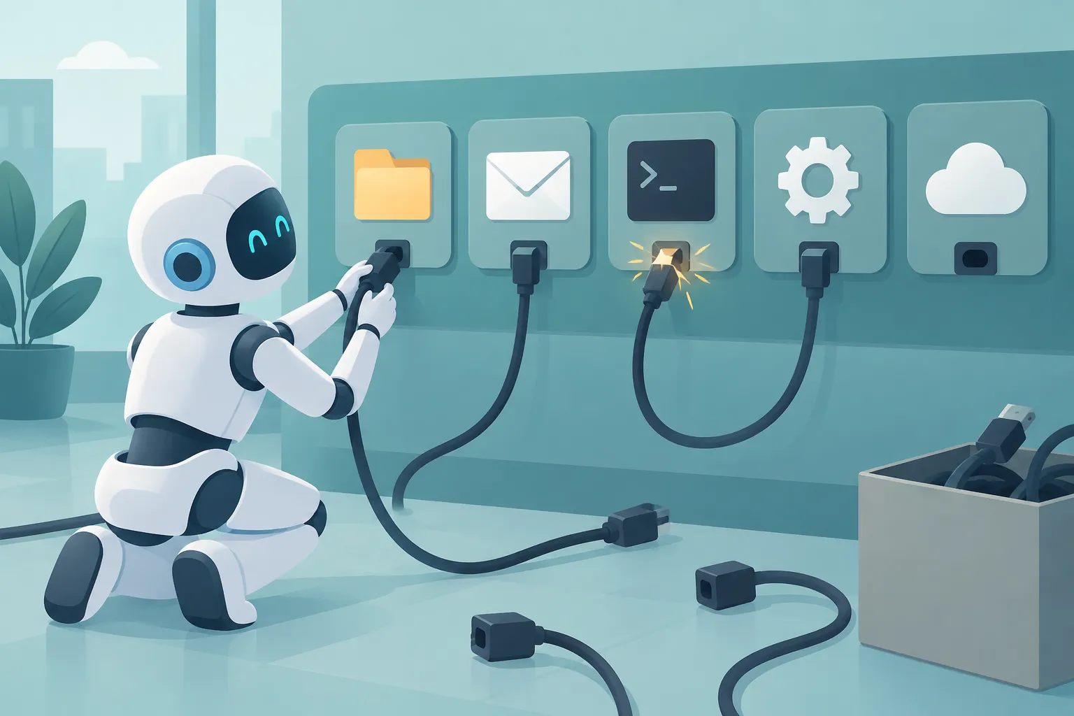 A stylized AI robot connecting cables to tool icons such as a folder, an envelope and a terminal, some cables loose