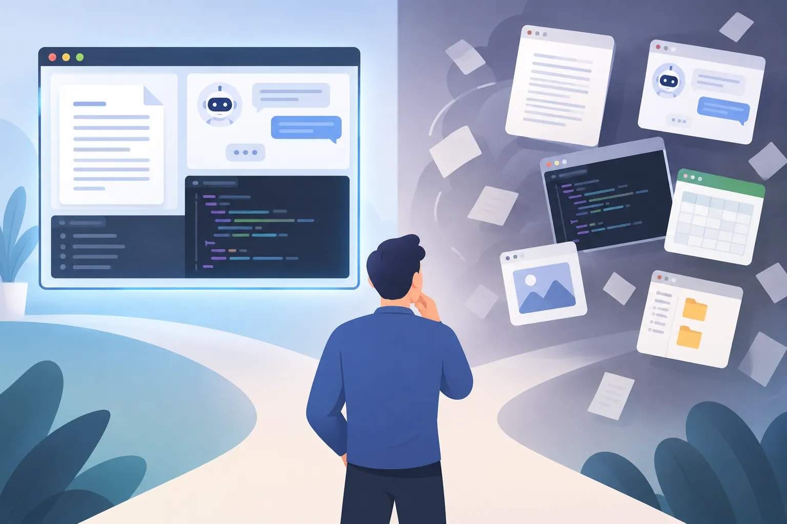 One tidy desktop app holding documents, chat and code beside scattered small windows, with a user choosing between them