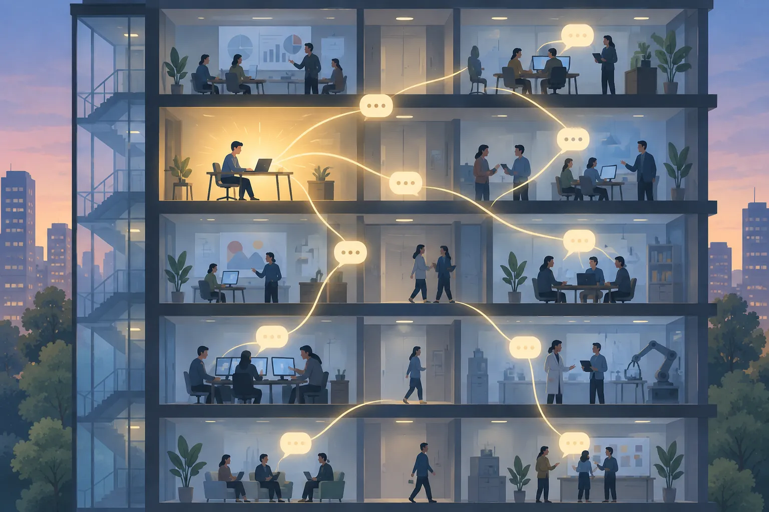 Cross-section of an office building where one desk’s light spreads through chat bubbles to many departments