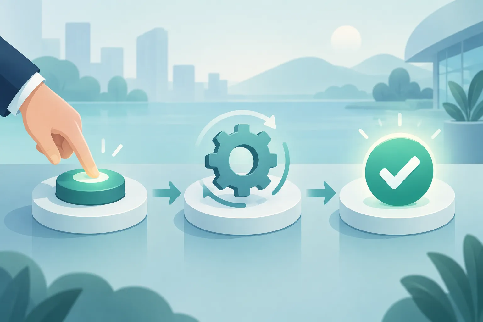 A three-step track with a hand pressing an approval button, a turning gear and a glowing check mark