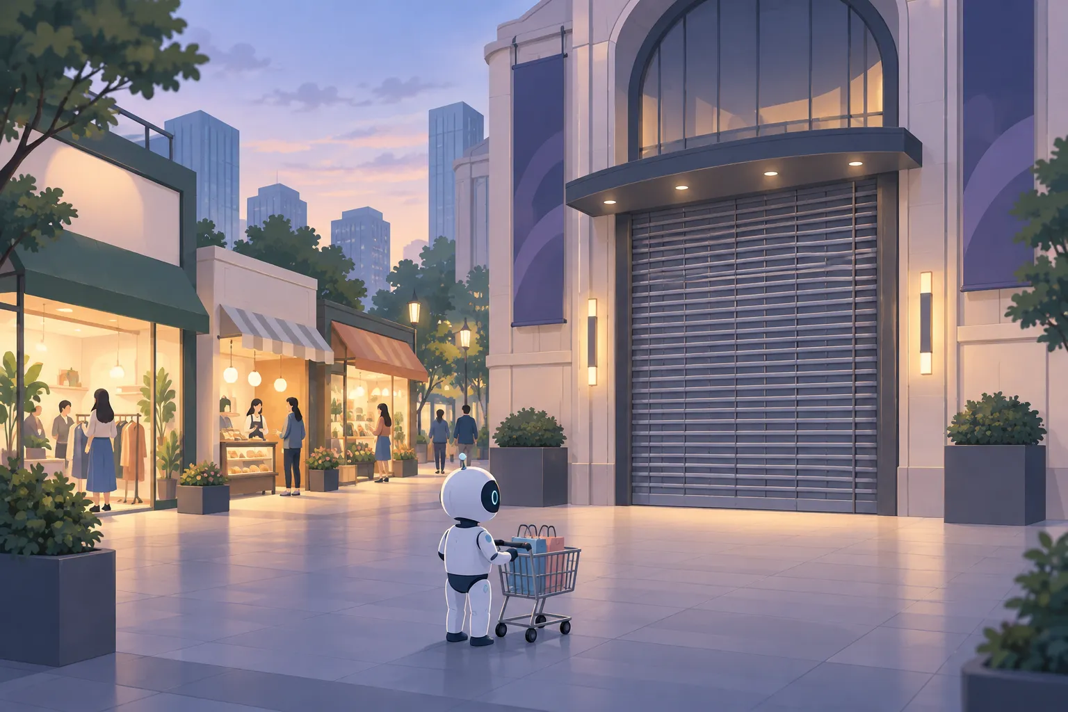 A shopping-cart robot stopped at a big store’s closed gate while smaller shops nearby keep their doors open