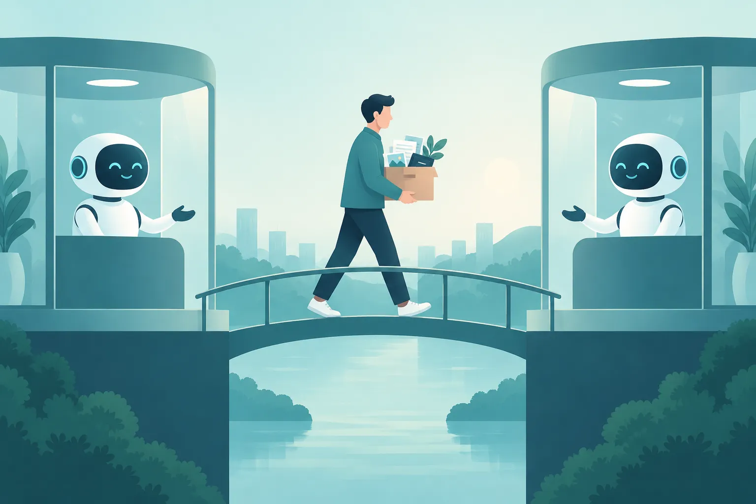 A person carrying a box of personal notes and data across a short bridge between two similar robot booths