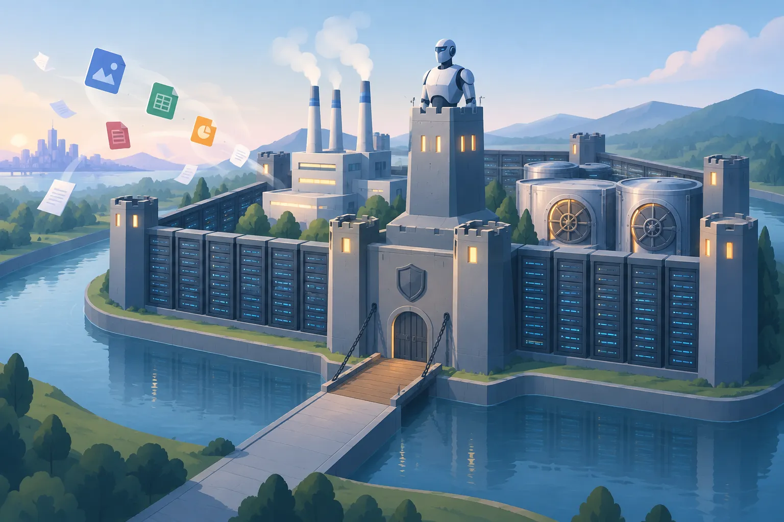 A castle built from server racks, a power plant and data vaults, with paper app icons drifting away outside