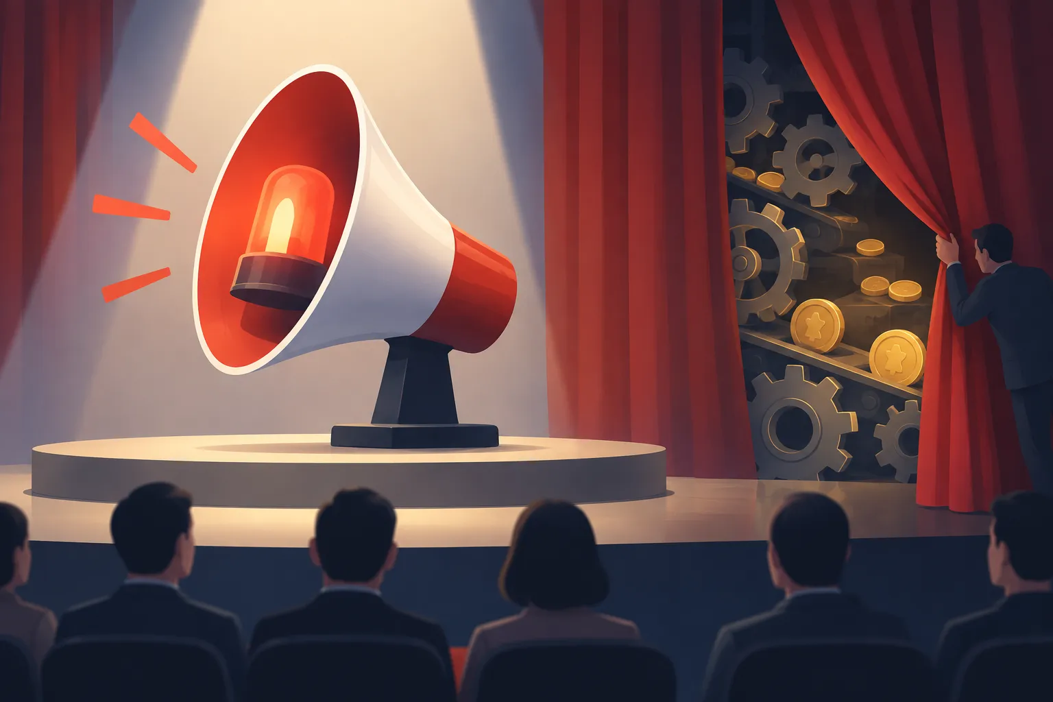 A siren-shaped megaphone under a spotlight while gears and coins turn behind the stage curtain