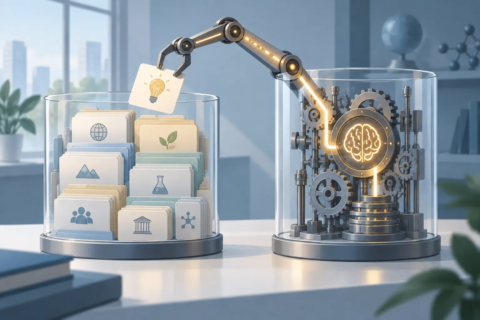 A clockwork reasoning engine picks labeled cards from a separate knowledge container, leaving a lit trail