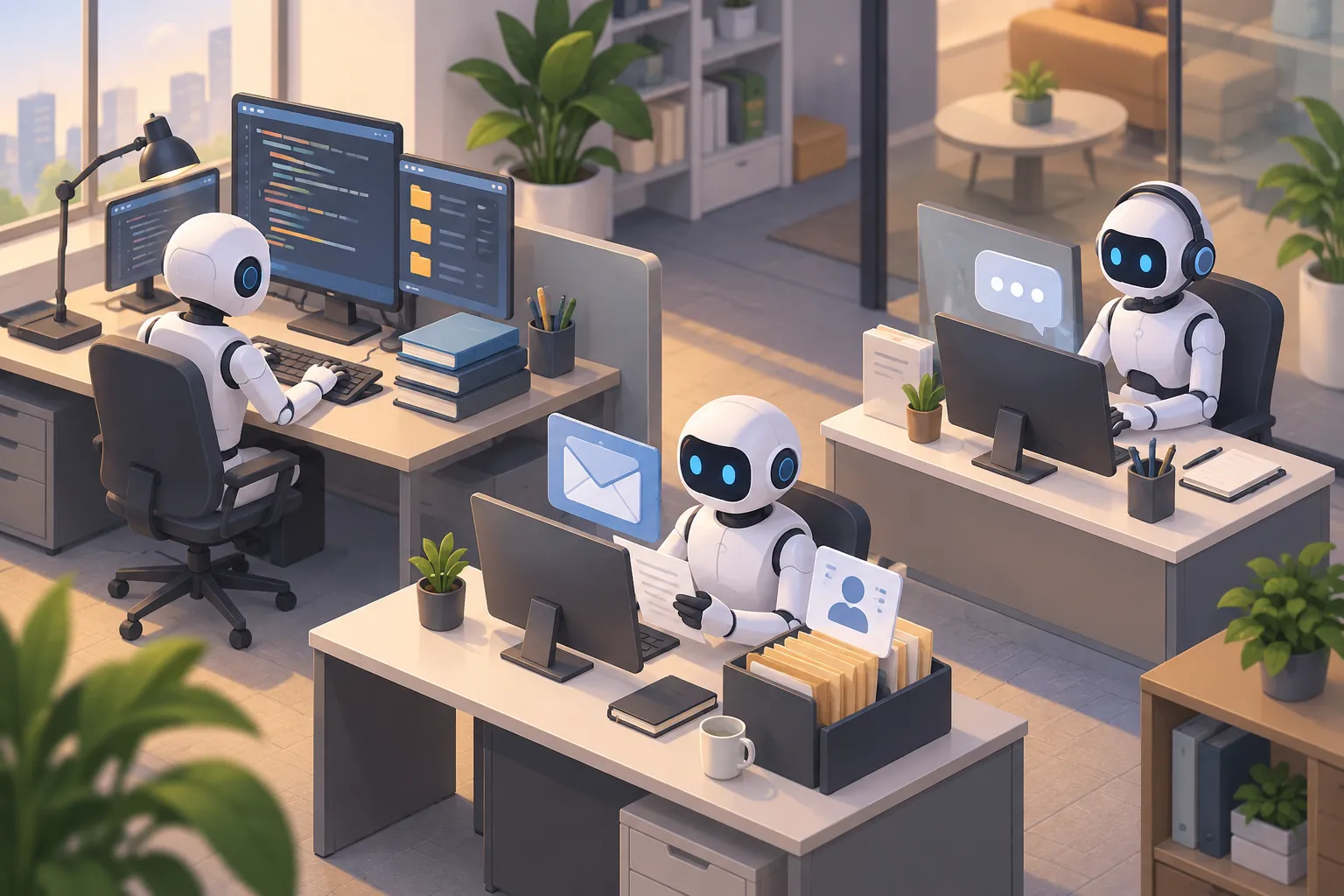 Three robot workers at separate desks equipped for coding, email outreach and help desk support