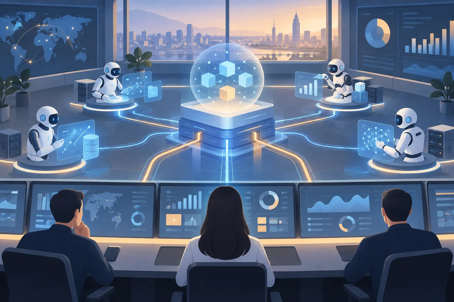 Robot agents linked to a shared platform layer while people at a raised desk review dashboards