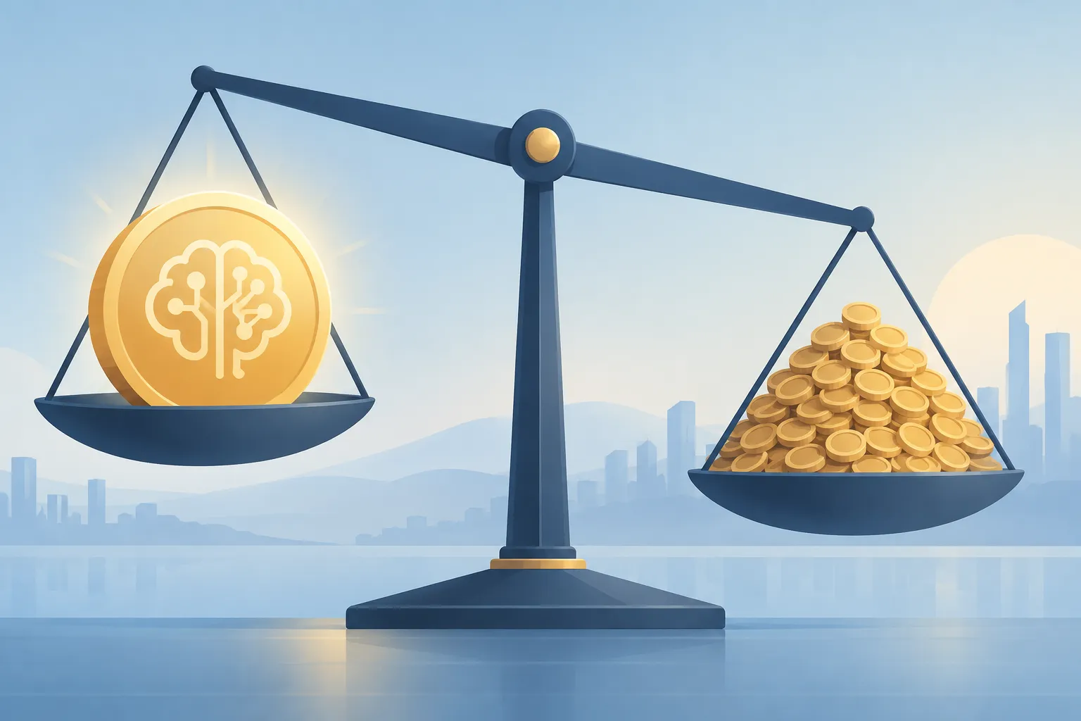 A balance scale tipped toward one large glowing token over a pile of many small identical coins