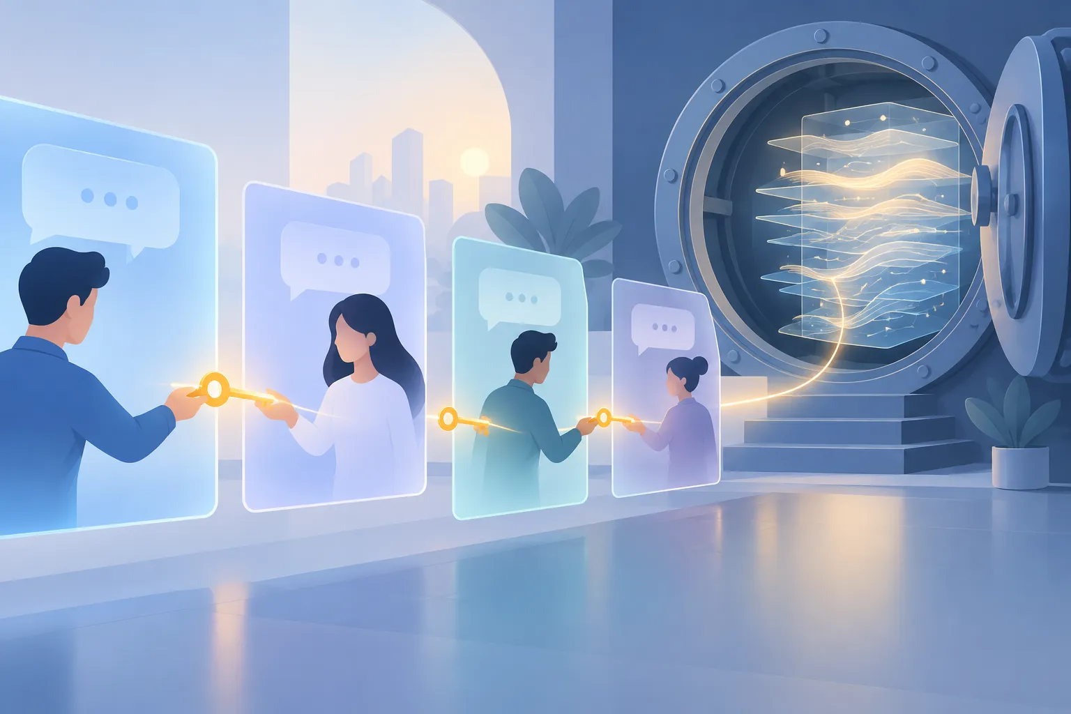 Conversation cards linked by a single glowing key, with reasoning traces stored in a vault behind them