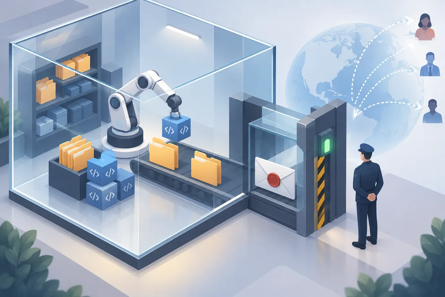 A robot arm works inside a glass sandbox while a guarded gateway attaches credentials to outgoing messages