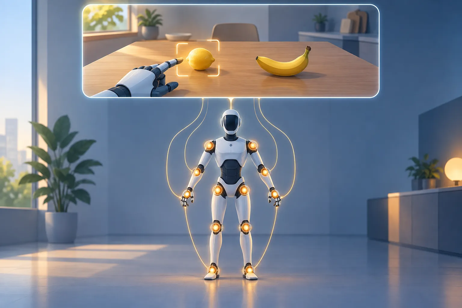 A robot camera view of a lemon and a banana linked to a humanoid body with joints highlighted from fingertips to feet