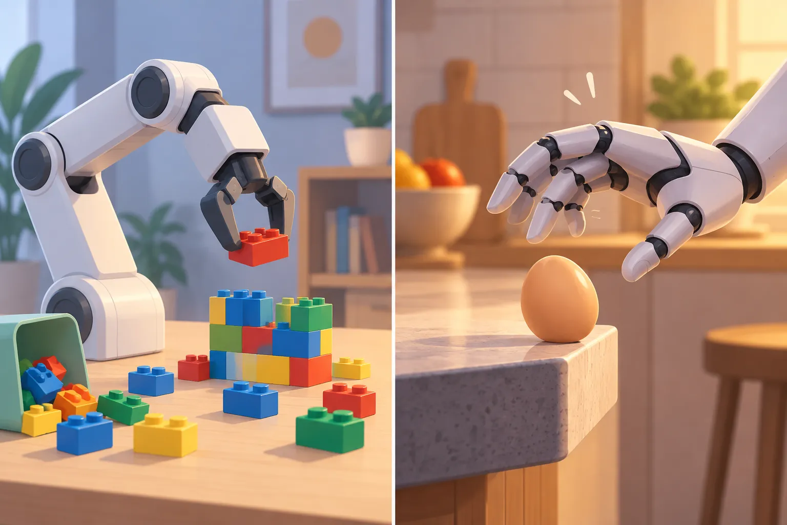 A robot arm retrying toy brick assembly beside a robot hand hovering over an egg at the counter edge