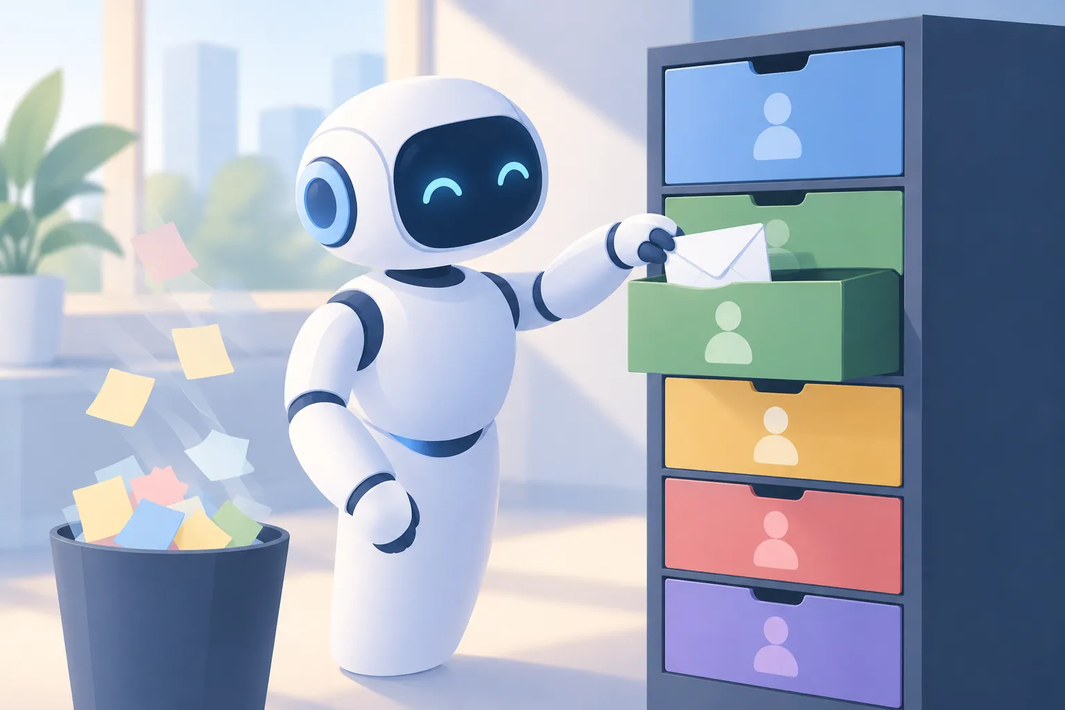 An AI assistant beside a filing cabinet with one drawer per customer, keeping an email preference as notes fade