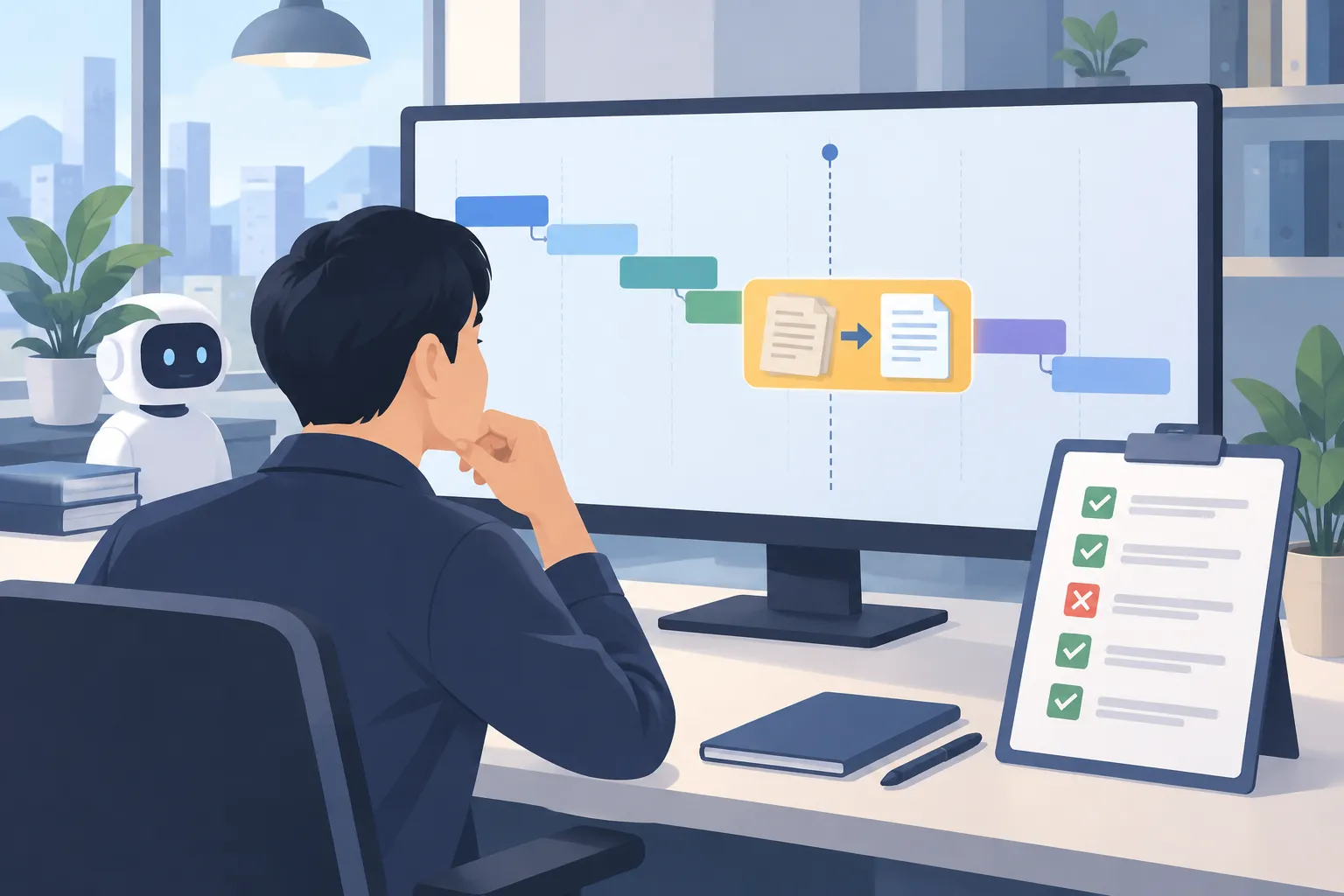 An engineer studies a waterfall timeline on a monitor where an outdated policy document is swapped for a newer one