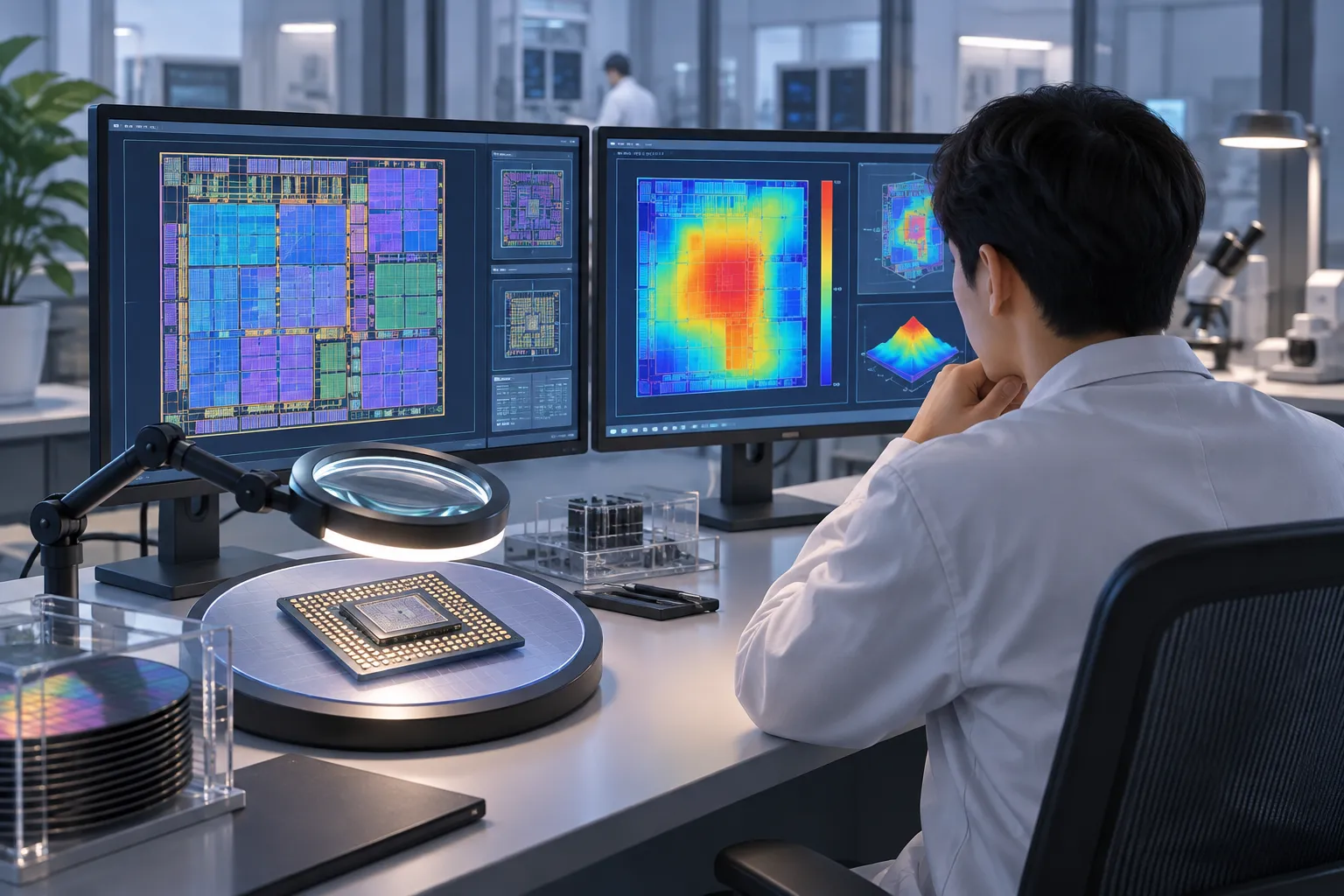 An engineering workstation showing chip floorplans and thermal heat maps beside a magnified microchip model