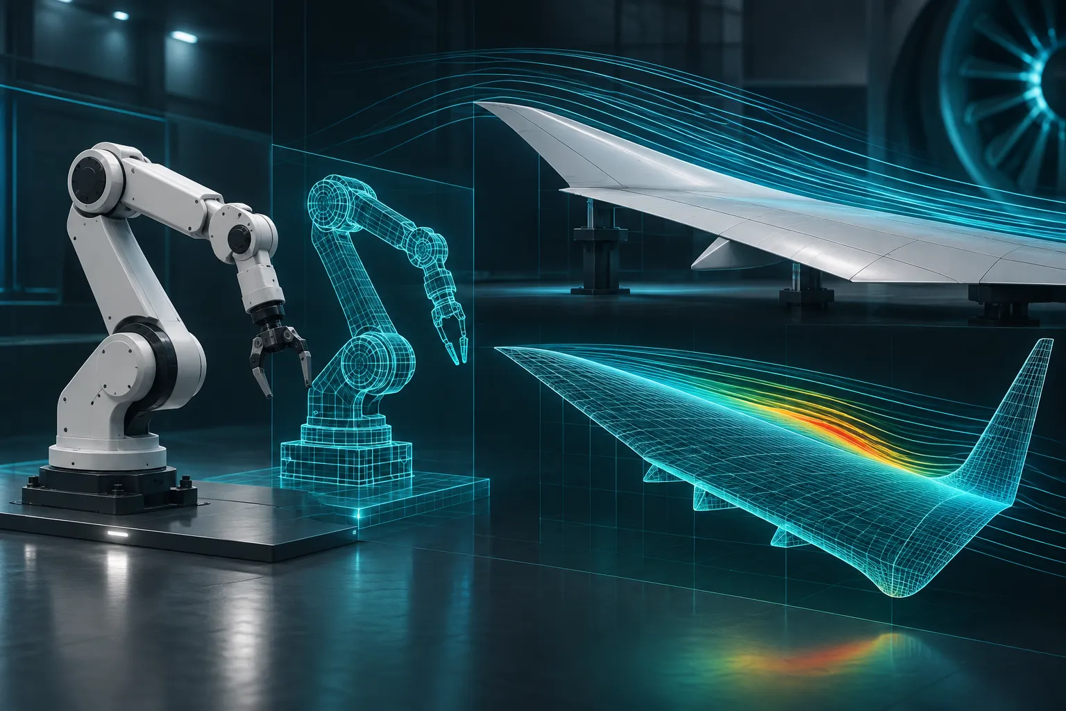 A robotic arm and an aircraft wing shown as wireframe digital twins beside their physical counterparts