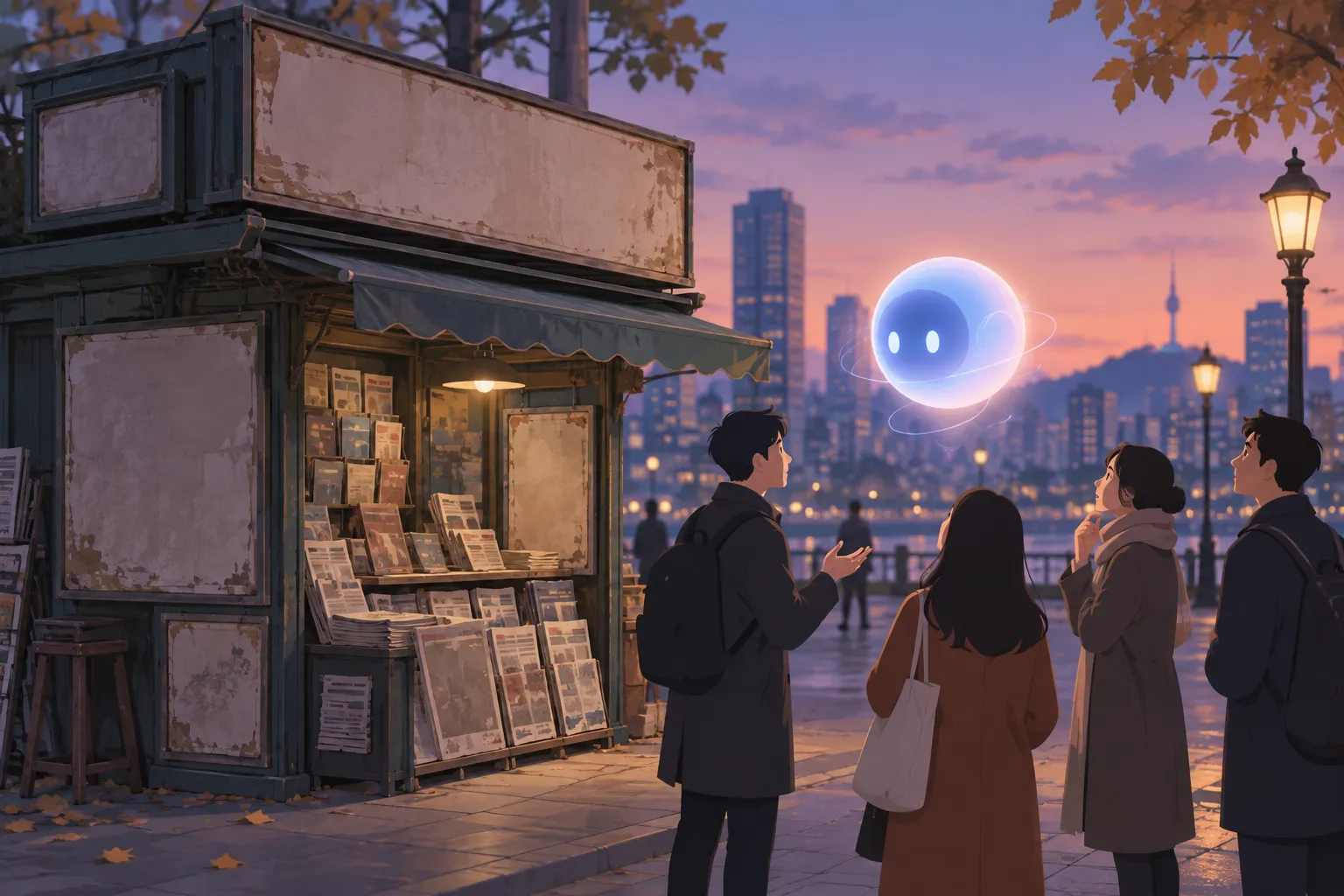 People gathered around a glowing floating sphere next to a quiet newsstand with faded blank billboards