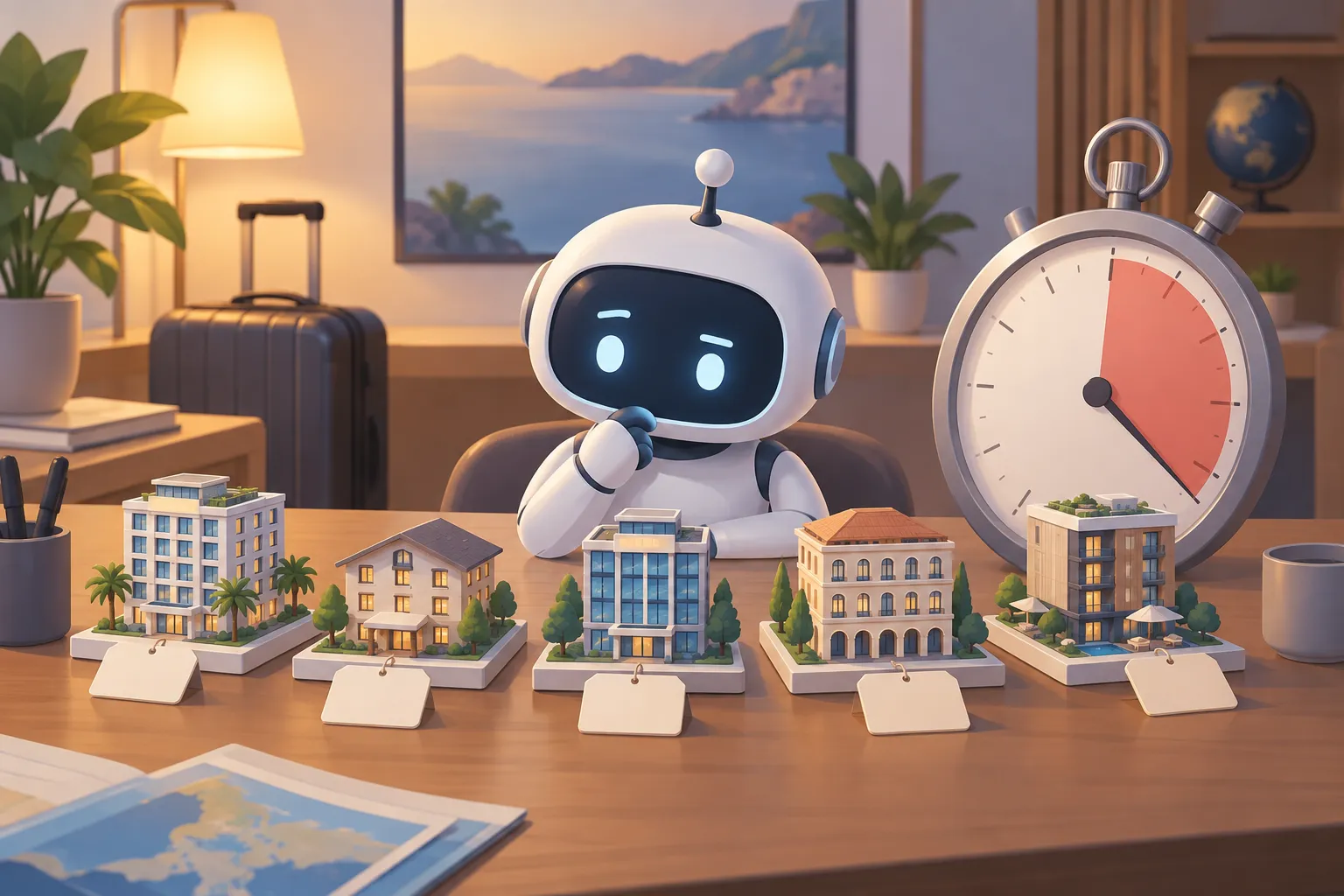 A small robot at a desk comparing five tiny hotel models with blank price tags beside a large stopwatch