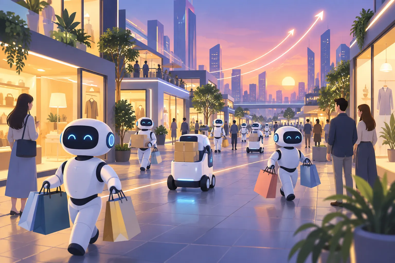 Small robotic assistants carrying shopping bags between glowing storefronts in a digital marketplace