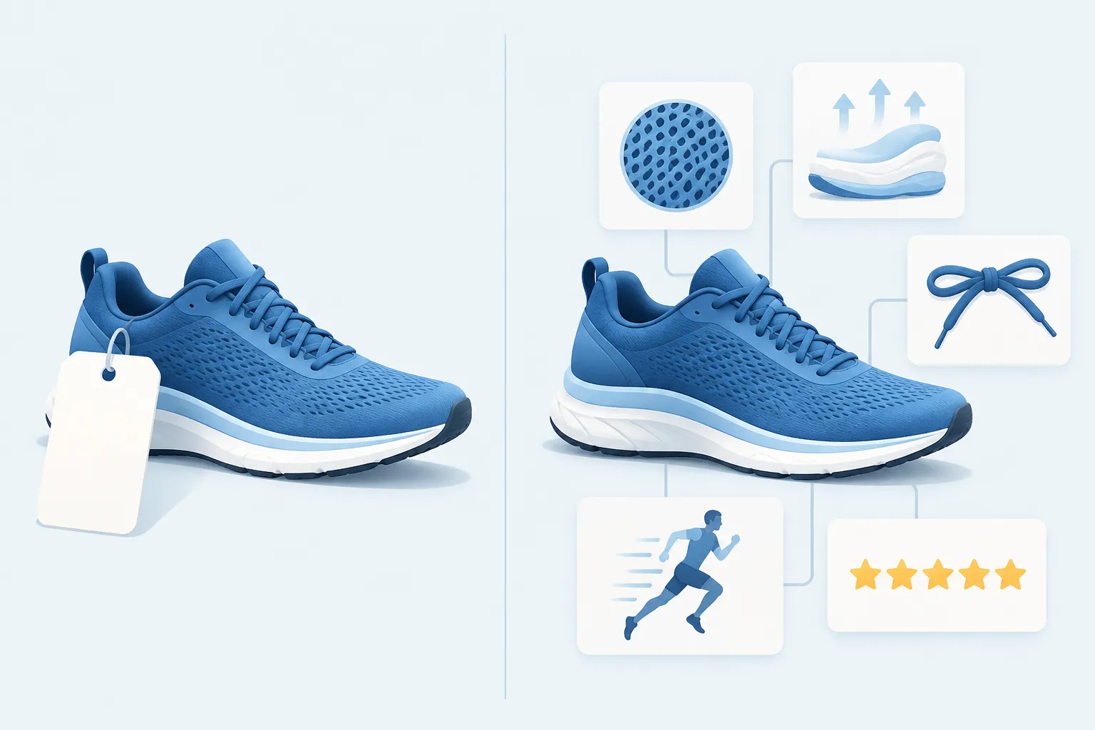 A running shoe with a blank tag beside the same shoe surrounded by attribute cards and star ratings