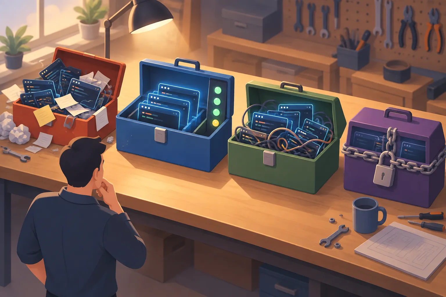 Four toolboxes on a workbench holding terminal windows, with one neatly organized and the others cluttered