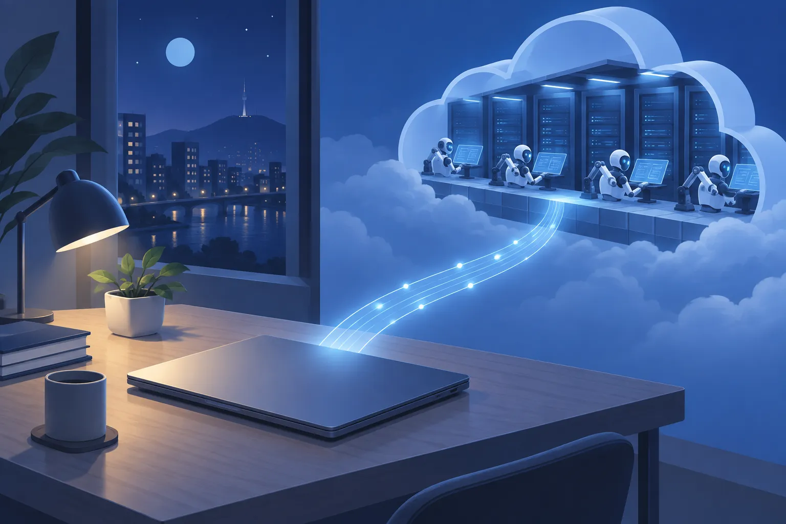 A closed laptop linked by a beam of light to a remote server where agents keep working at terminals