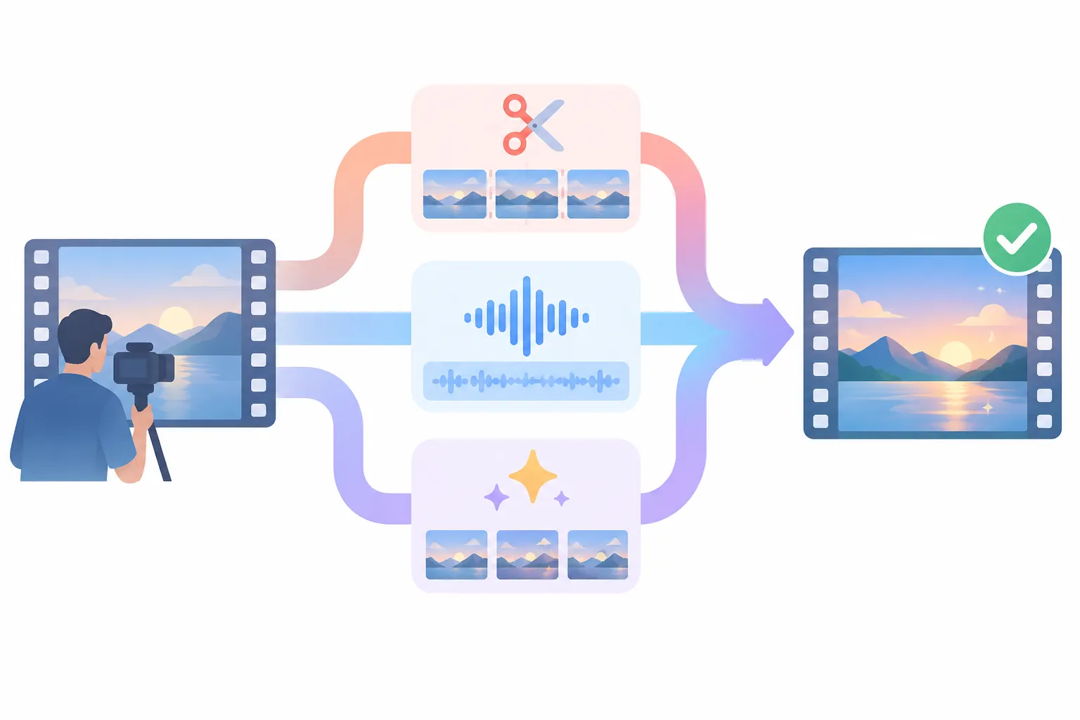 Flat diagram of a raw clip splitting into cuts, sound and animation streams that merge into one finished film strip