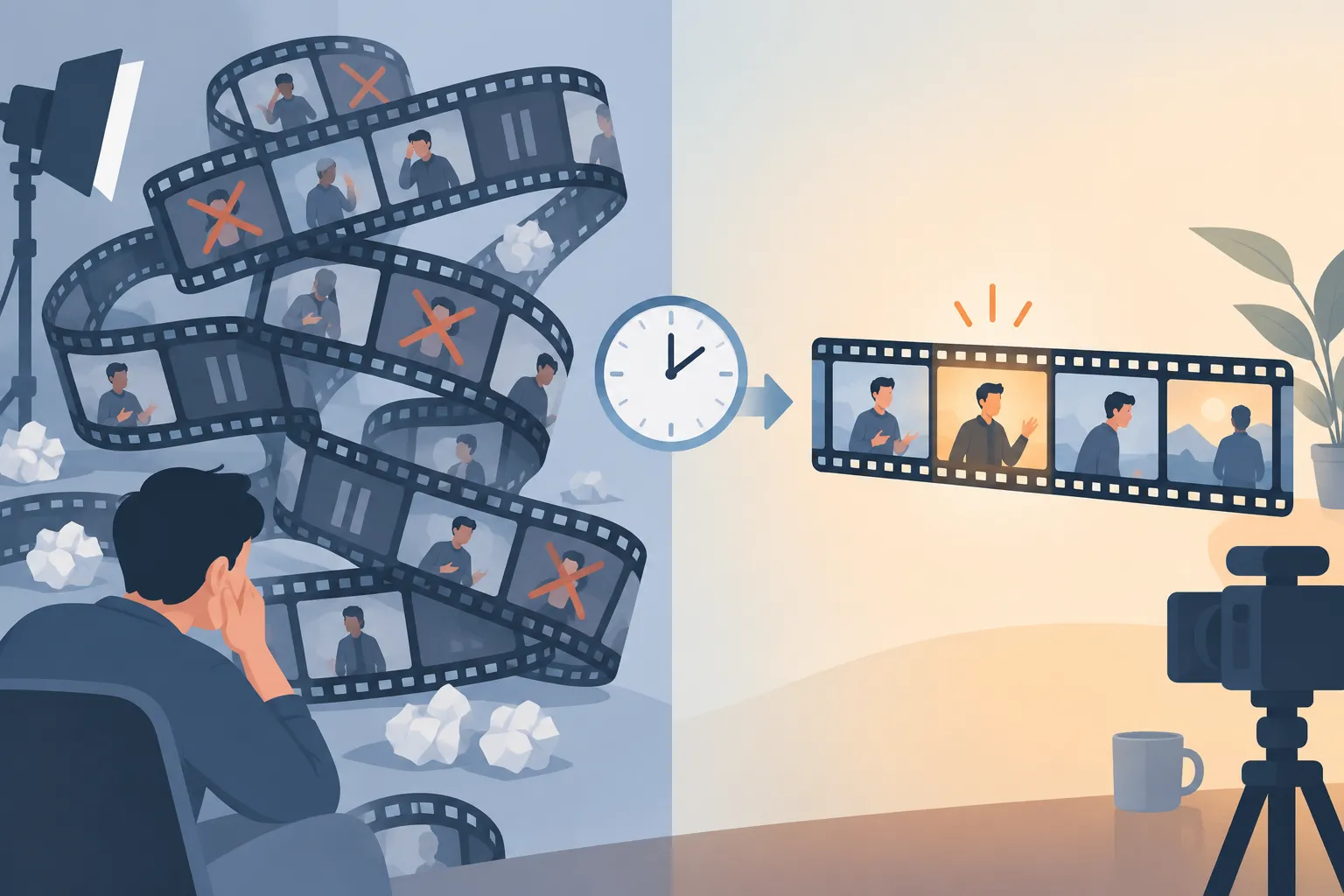 A long film strip with crossed-out retakes beside a short, neat film strip, with a small clock between them