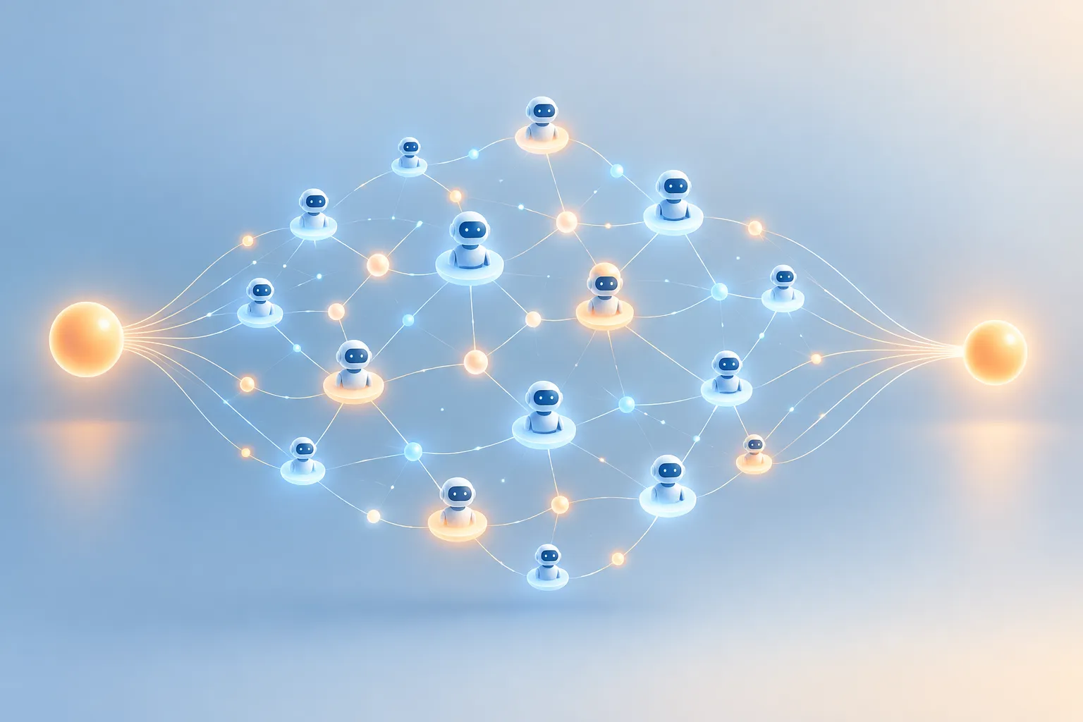 Glowing nodes spreading into a wide network and then collapsing back into one bright sphere