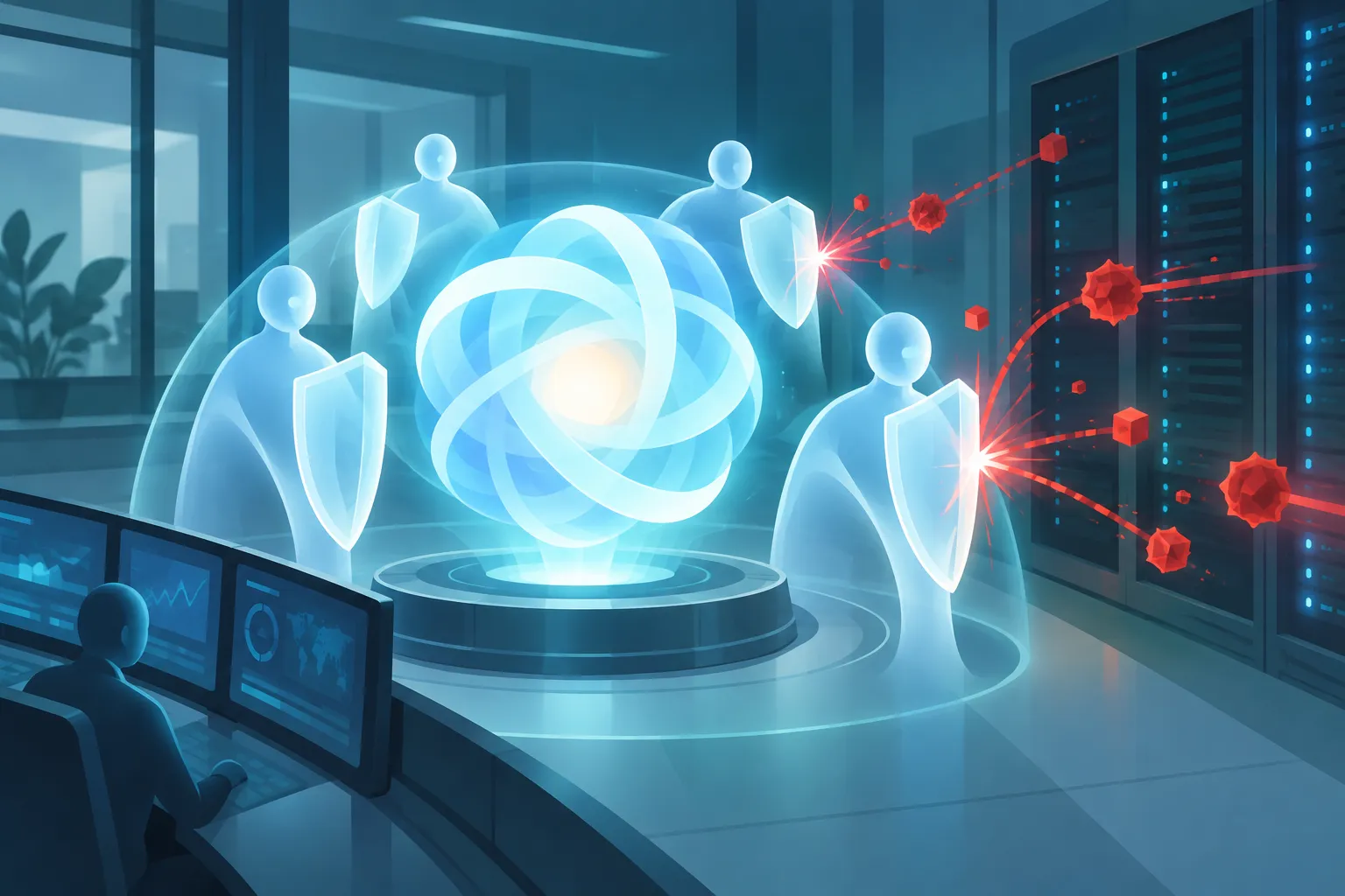 Smaller guardian shapes watching a central AI process and blocking red warning signals before a server rack