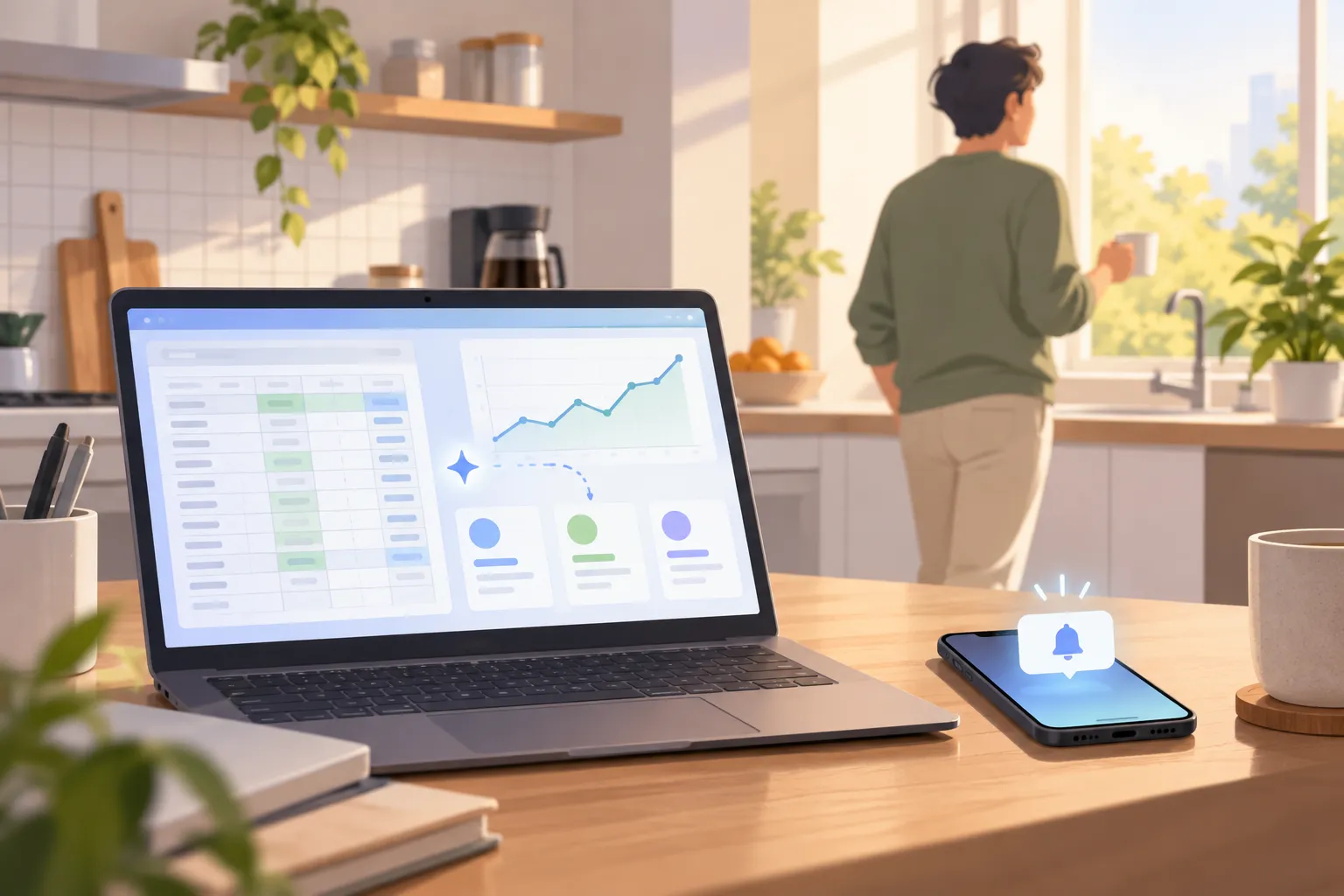 Person in a kitchen with coffee while a laptop fills a spreadsheet chart and a phone shows a notification