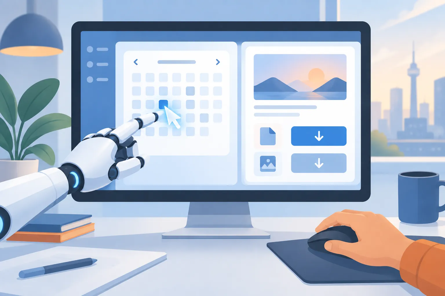 An AI-driven cursor working a calendar date picker on a monitor while a person uses a separate mouse in another window