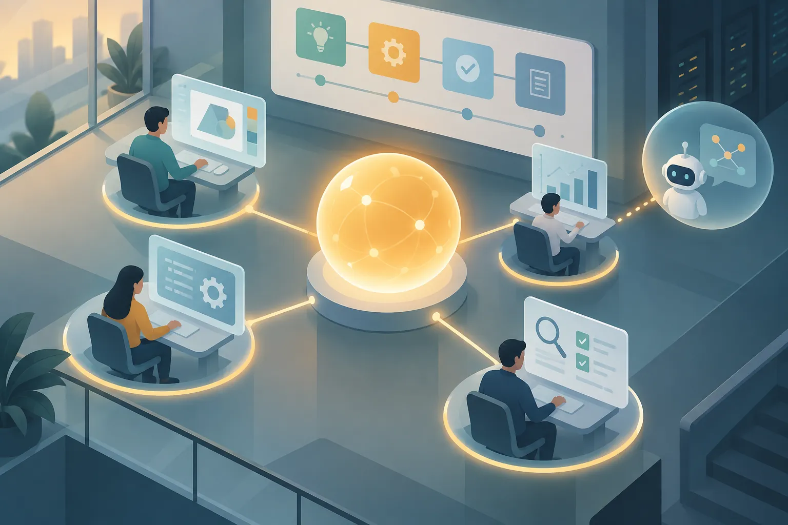 A glowing central orb linked to several workstations for design, testing and review, beside a milestone board