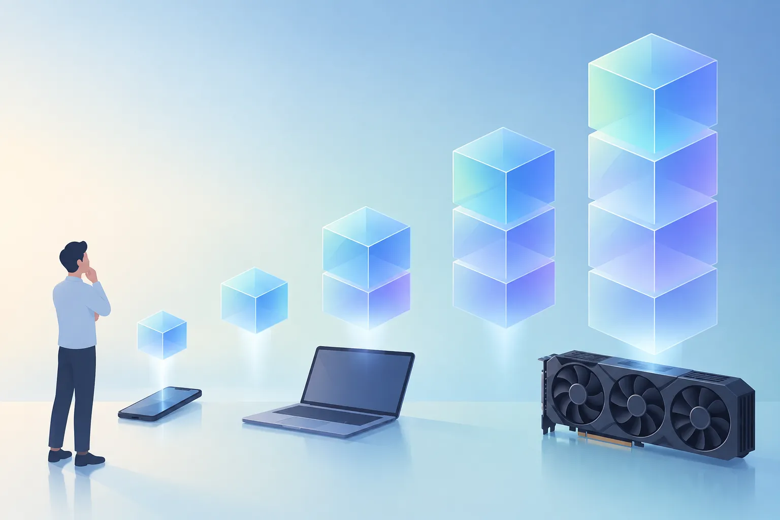 Five model blocks of rising size placed above a phone, a laptop and a single graphics card
