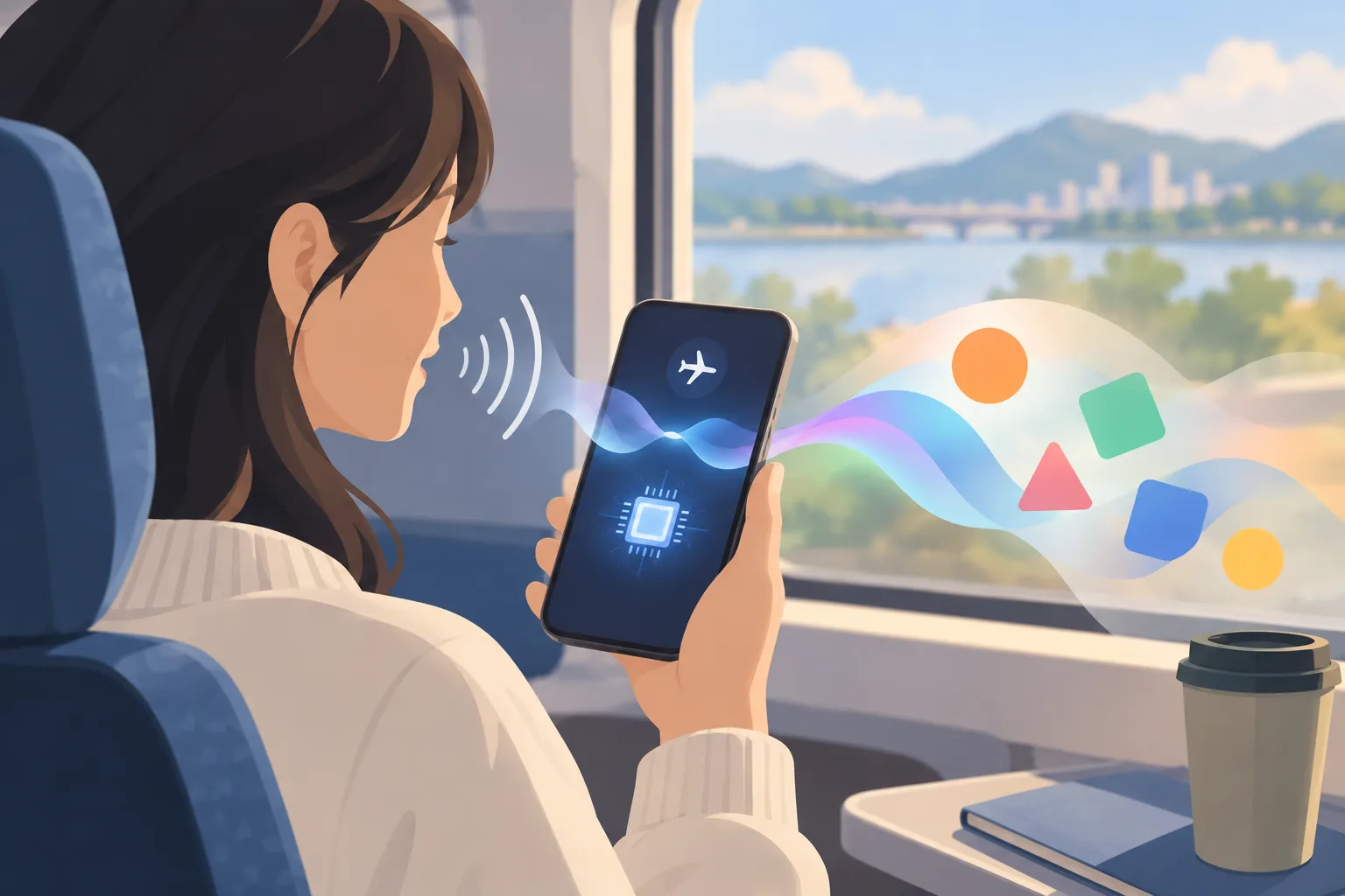 A traveler’s phone in airplane mode transcribing and translating speech with an on-device chip