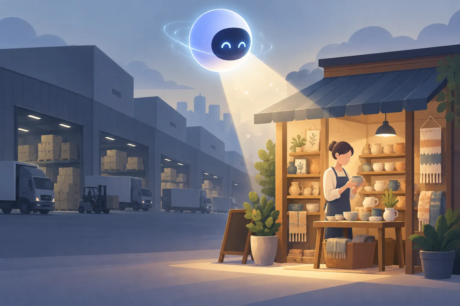 A small artisan shop lit by a spotlight from an AI assistant orb, with large warehouses dim in the background