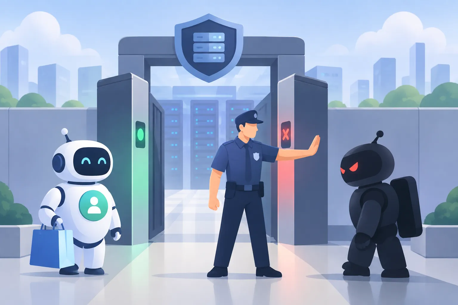 A web gate where a guard lets a user-authorized shopping robot through and stops a shadowy malicious bot