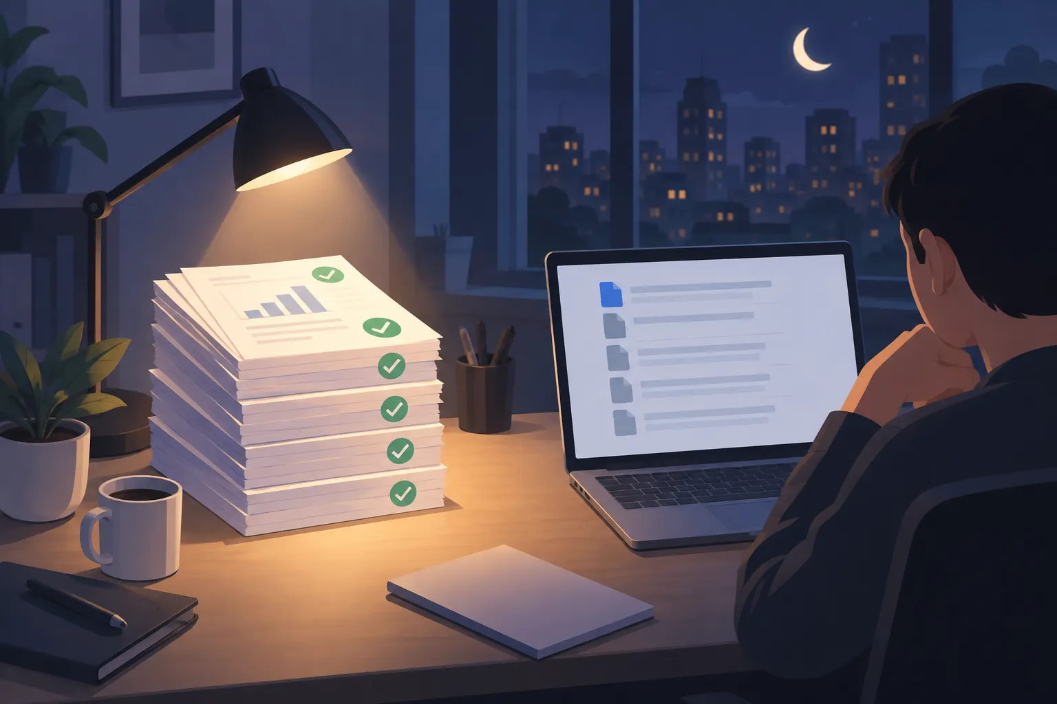 A night office desk with a stack of checked completion reports beside a laptop listing untouched, grayed-out files