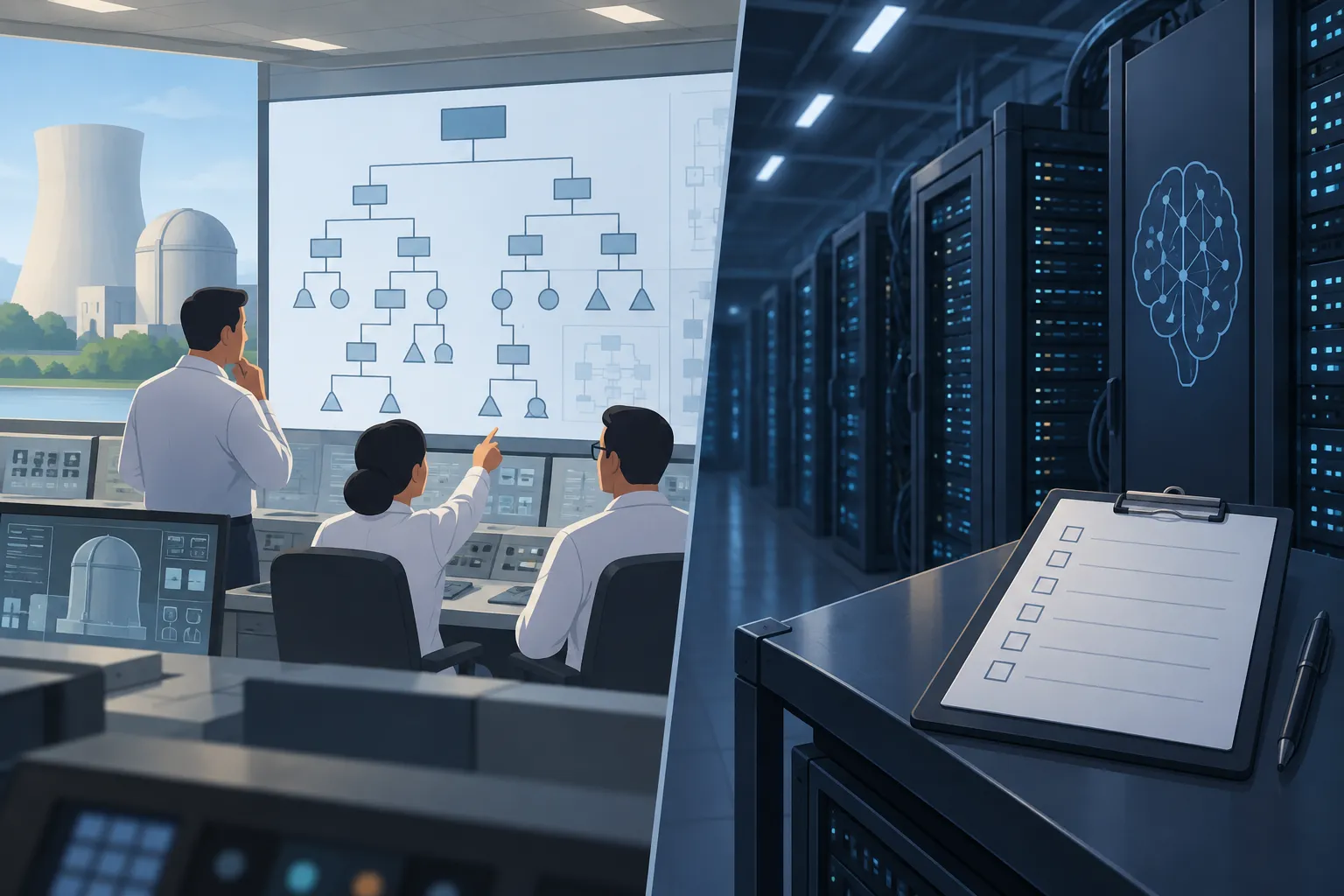 A nuclear control room with engineers reviewing fault tree diagrams beside a dim AI server room with an empty checklist