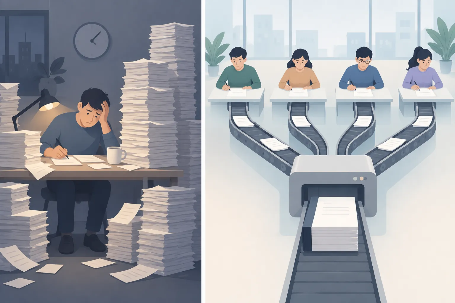 One worker buried under stacked papers beside four tidy desks sending pages into a single binder