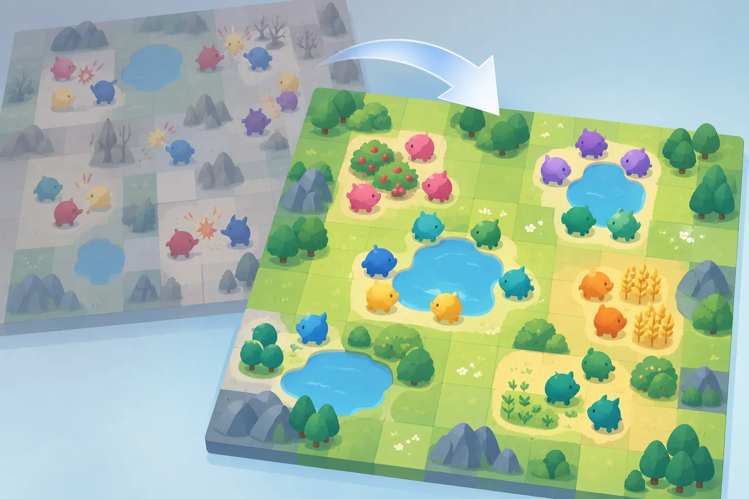 Grid world where colorful creature tokens gather peacefully around water and food patches