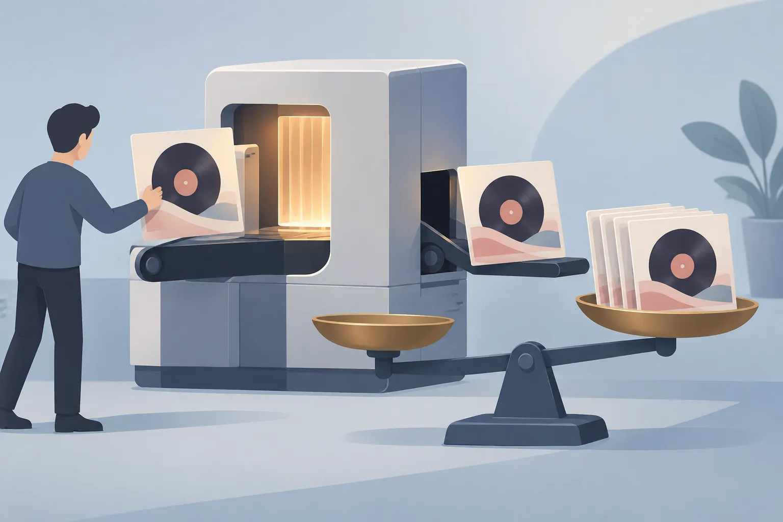 A single music record card entering a machine and exiting as four copies that tip a scale heavily